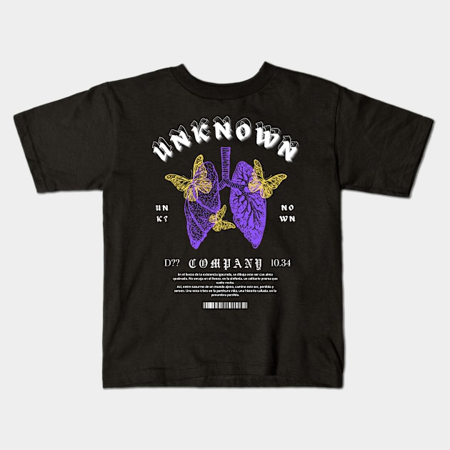 A lung with flying yellow butterflies Kids T-Shirt by UNKNOWN COMPANY